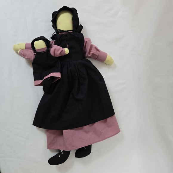 Vintage Amish Traditional Handmade Black Pink Faceless Mom Baby Fabric Doll Set - Picture 1 of 5